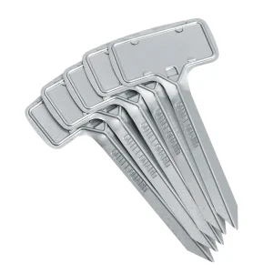 Étiquettes de jardin en acier galvanisé présentées sur fond blanc, packshot mettant en avant leur design robuste et élégant.