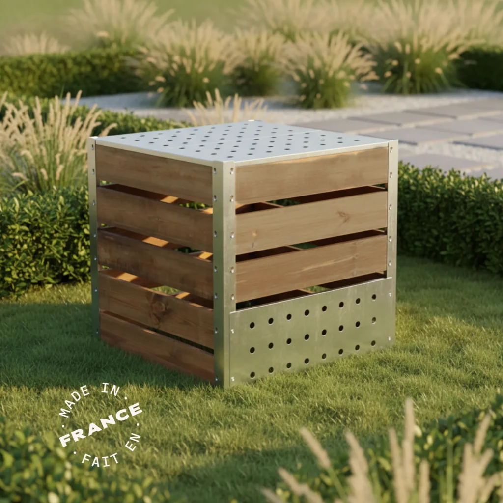 Silo à compost 700 L en bois et acier galvanisé installé dans un jardin Made in France