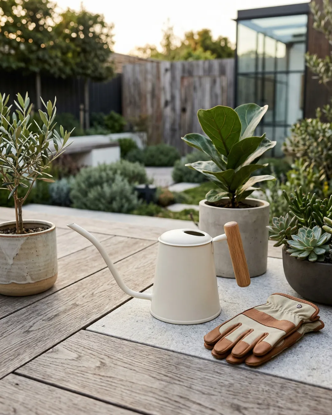 Arrosoir beige 1L Guillouard avec poignée en bois posé sur une table de jardin près de plantes en pot