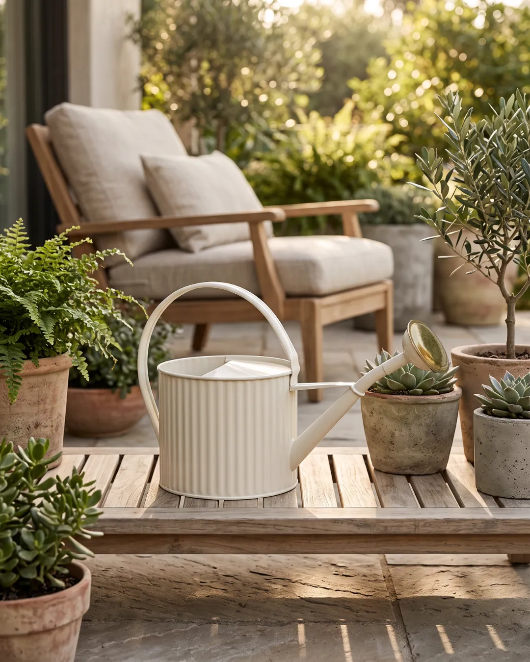 Petit arrosoir beige 1,75L Guillouard posé sur une table extérieure près de plantes en pot