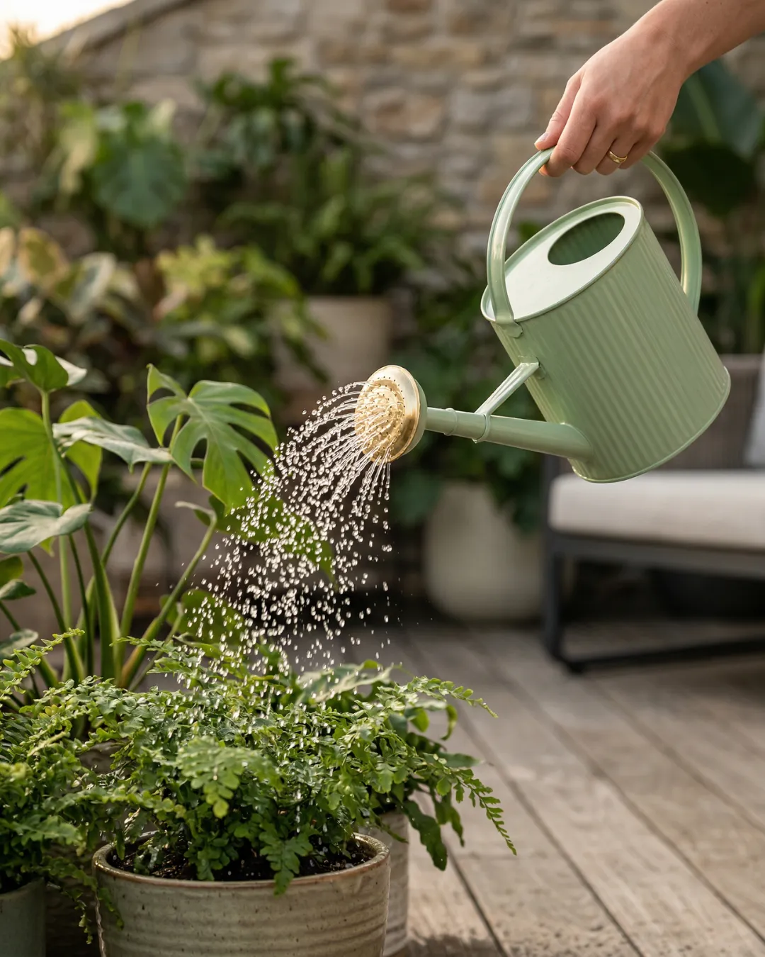 Arrosoir 4L vert céladon Guillouard utilisé pour arroser des plantes avec sa pomme amovible à grille en laiton
