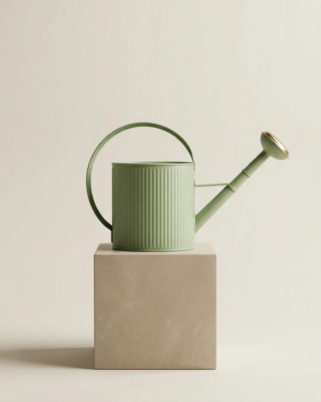 Arrosoir 4L vert céladon Guillouard avec grande anse ergonomique et pomme d’arrosage présenté sur un socle clair