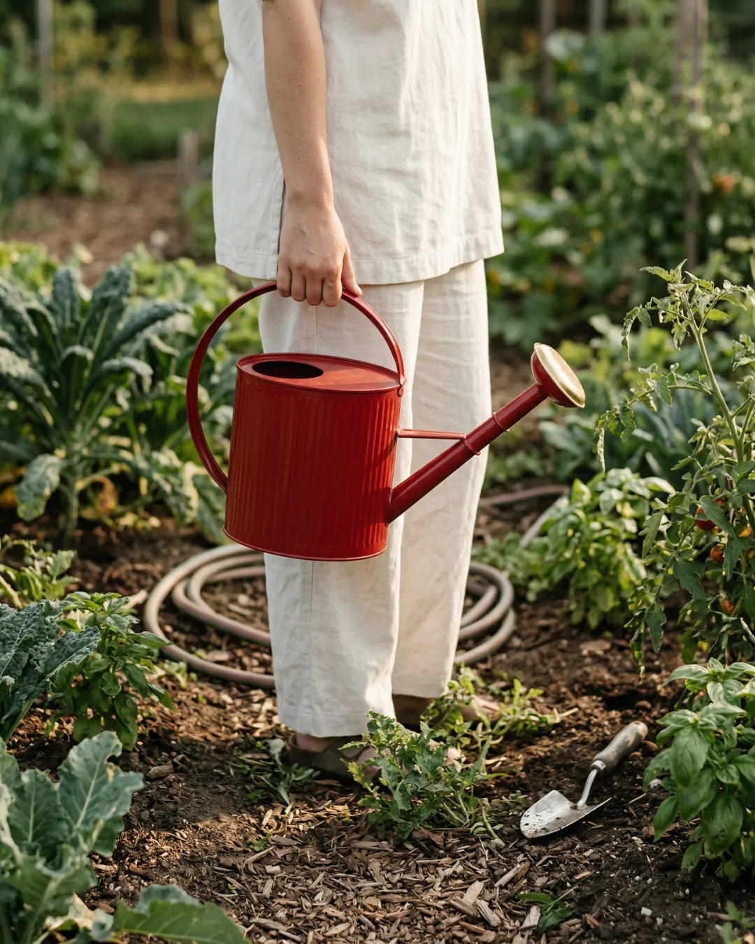 Arrosoir de jardin rouge vin 4L Guillouard porté par sa grande anse dans un potager
