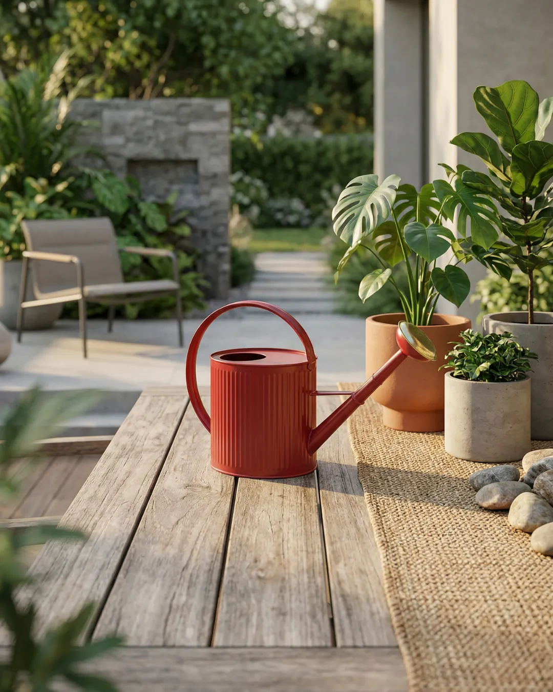 Arrosoir de jardin rouge vin 4L Guillouard posé sur une table extérieure près de plantes en pot