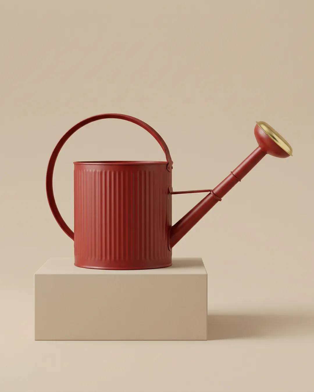 Arrosoir de jardin rouge vin 4L Guillouard avec grande anse ergonomique et pomme à grille en laiton sur socle beige