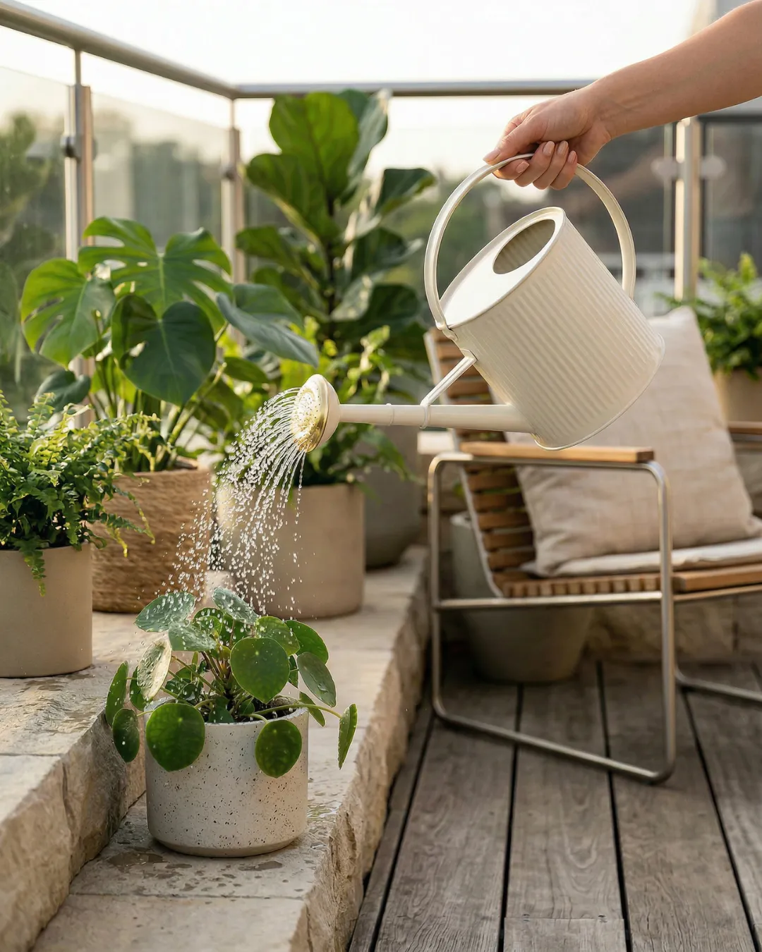 Arrosoir beige 4L avec pomme amovible Guillouard utilisé pour arroser des plantes sur une terrasse
