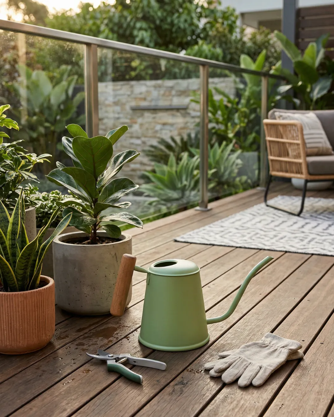 Arrosoir 1L vert céladon Guillouard posé sur une terrasse près de plantes en pot