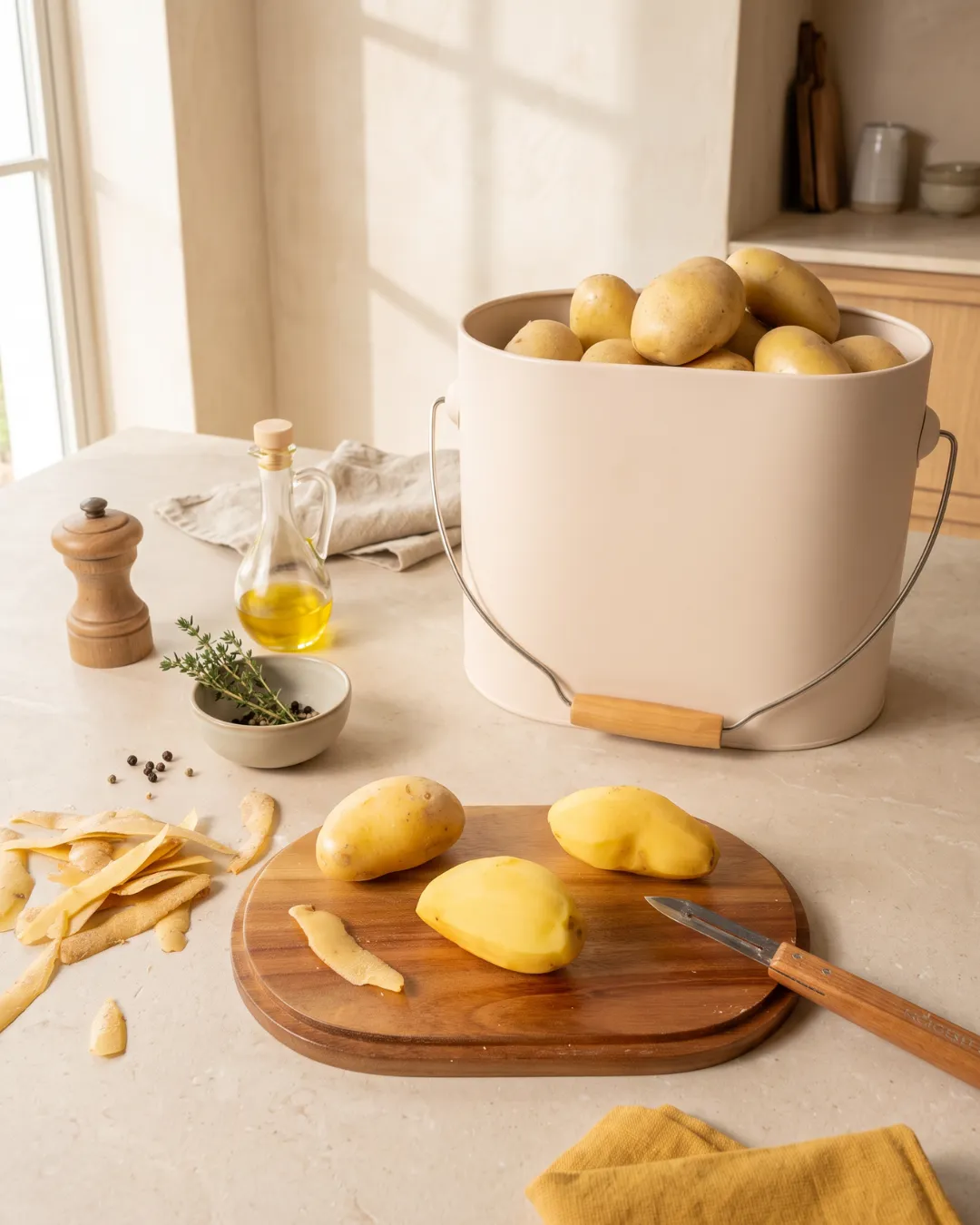 Boîte de conservation fruits et légumes Guillouard avec pommes de terre et couvercle utilisé comme planche à découper