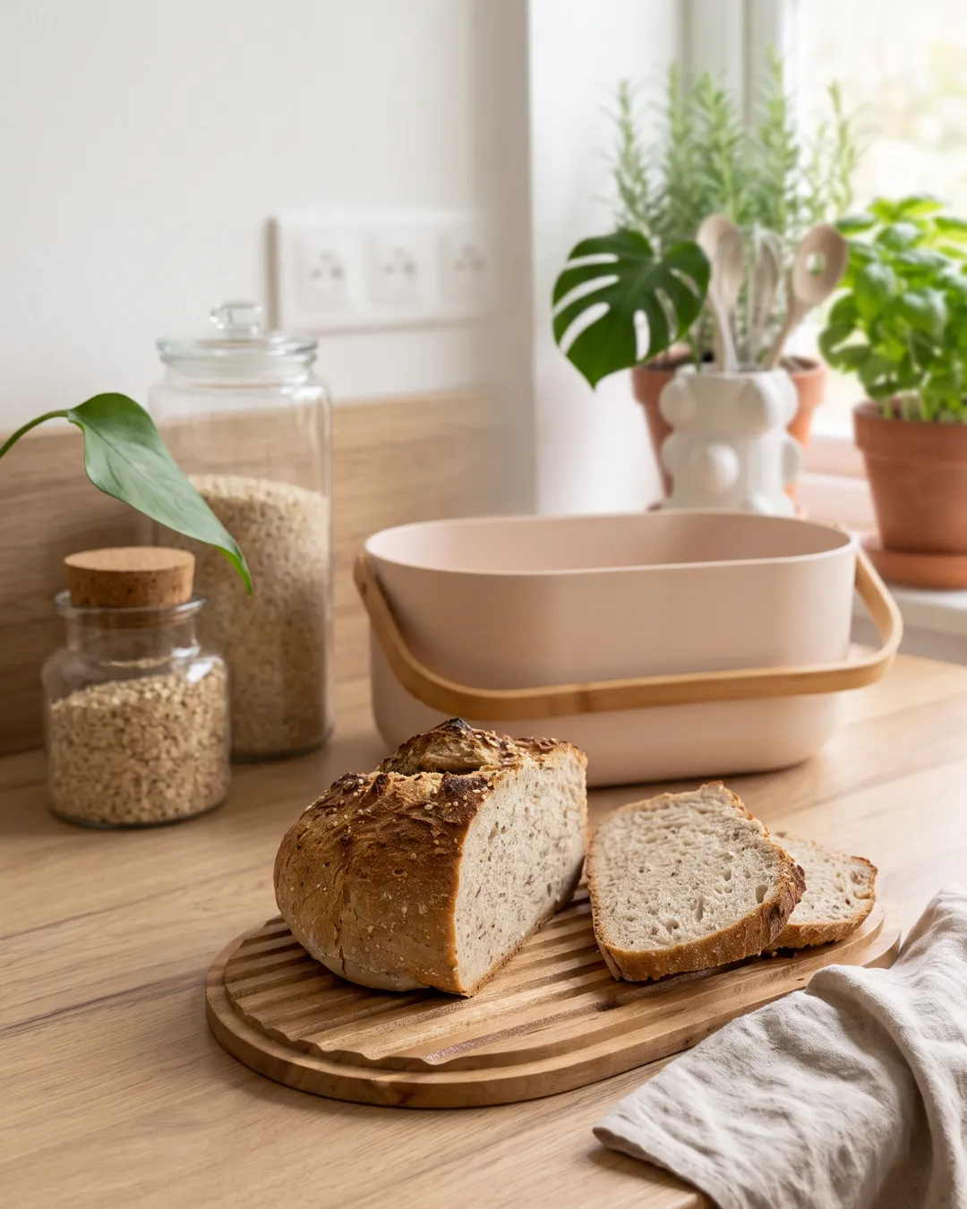 Boîte à pain dans une cuisine avec planche à découper