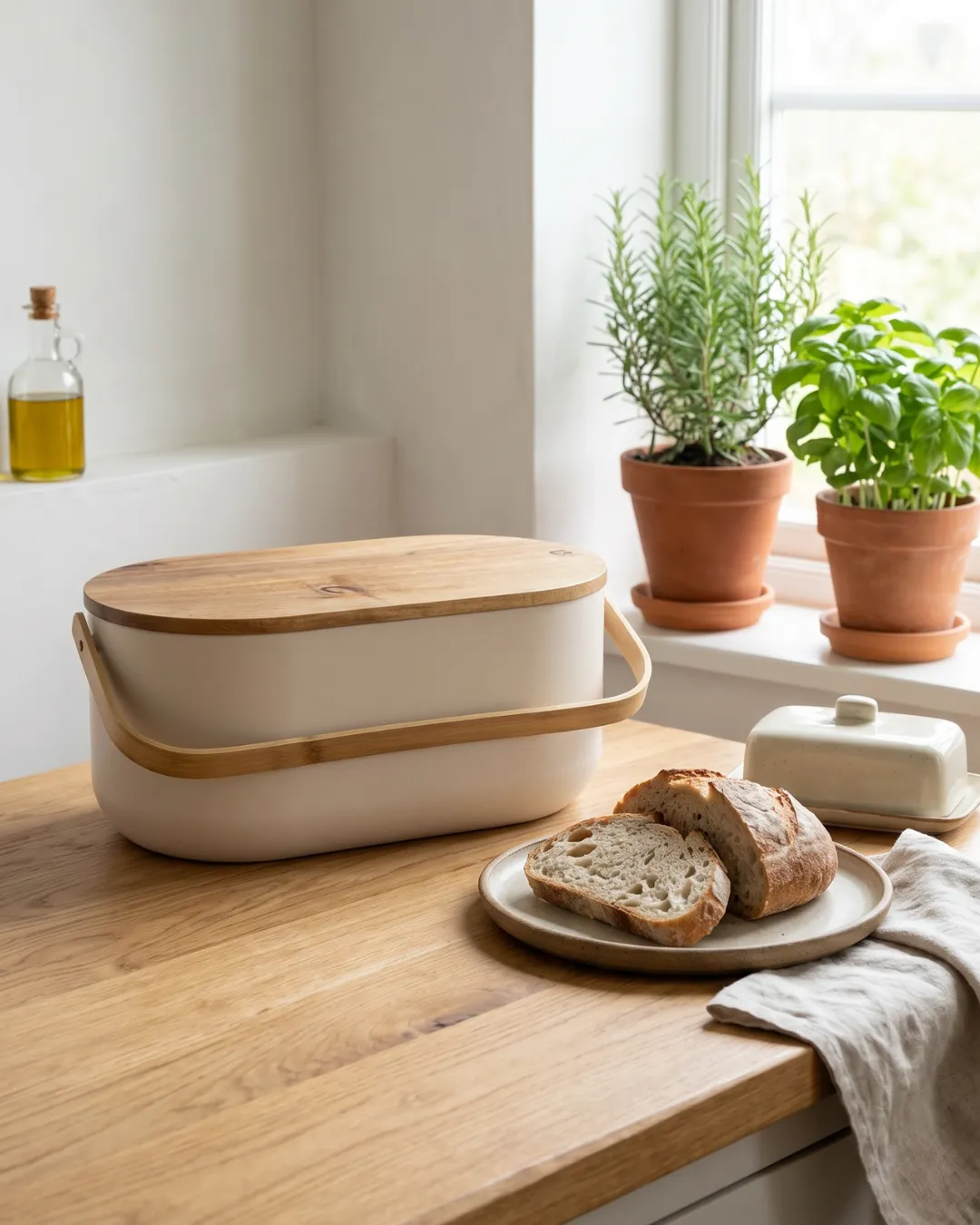 Boîte à pain beige avec planche à découper en bois d'acacia